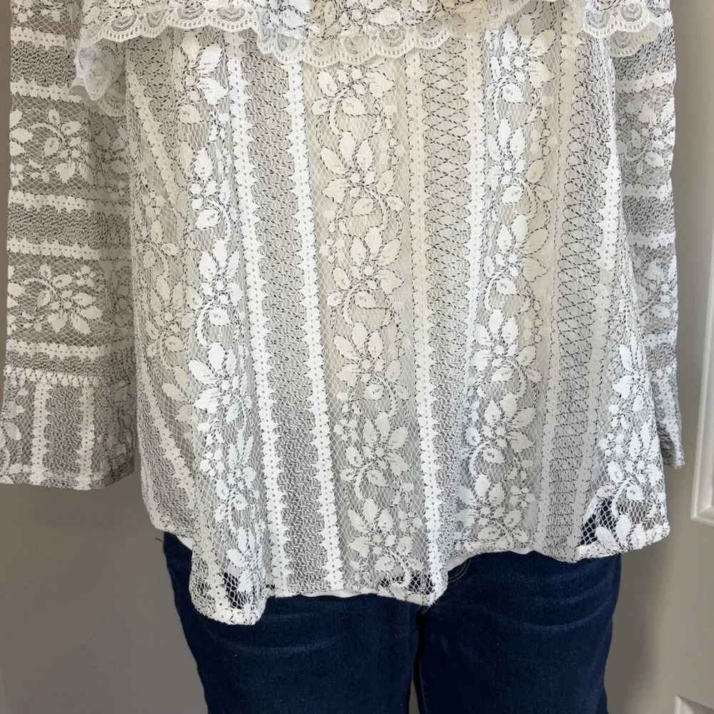 Anthropologie Mock Neck Long-Sleeve Lace Top Cream Black Sz L NEW